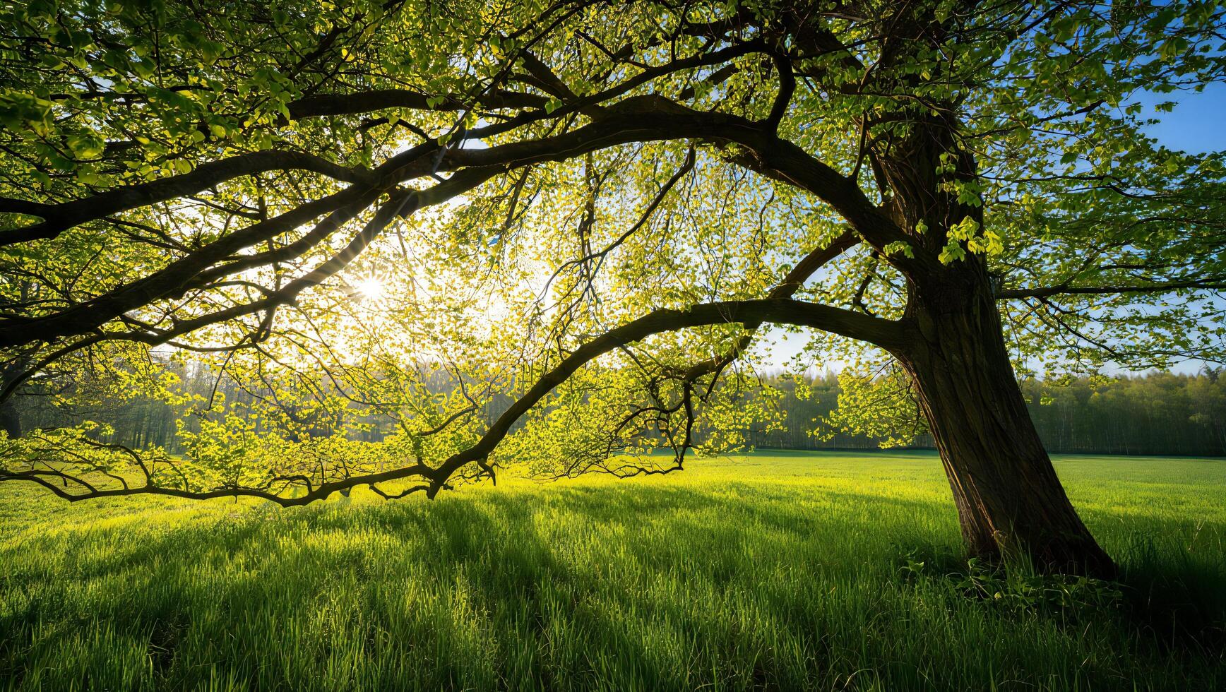 Nature Background Majestic Spring Tree in Lush Green Field Sunlight Streaming Through Branches photo