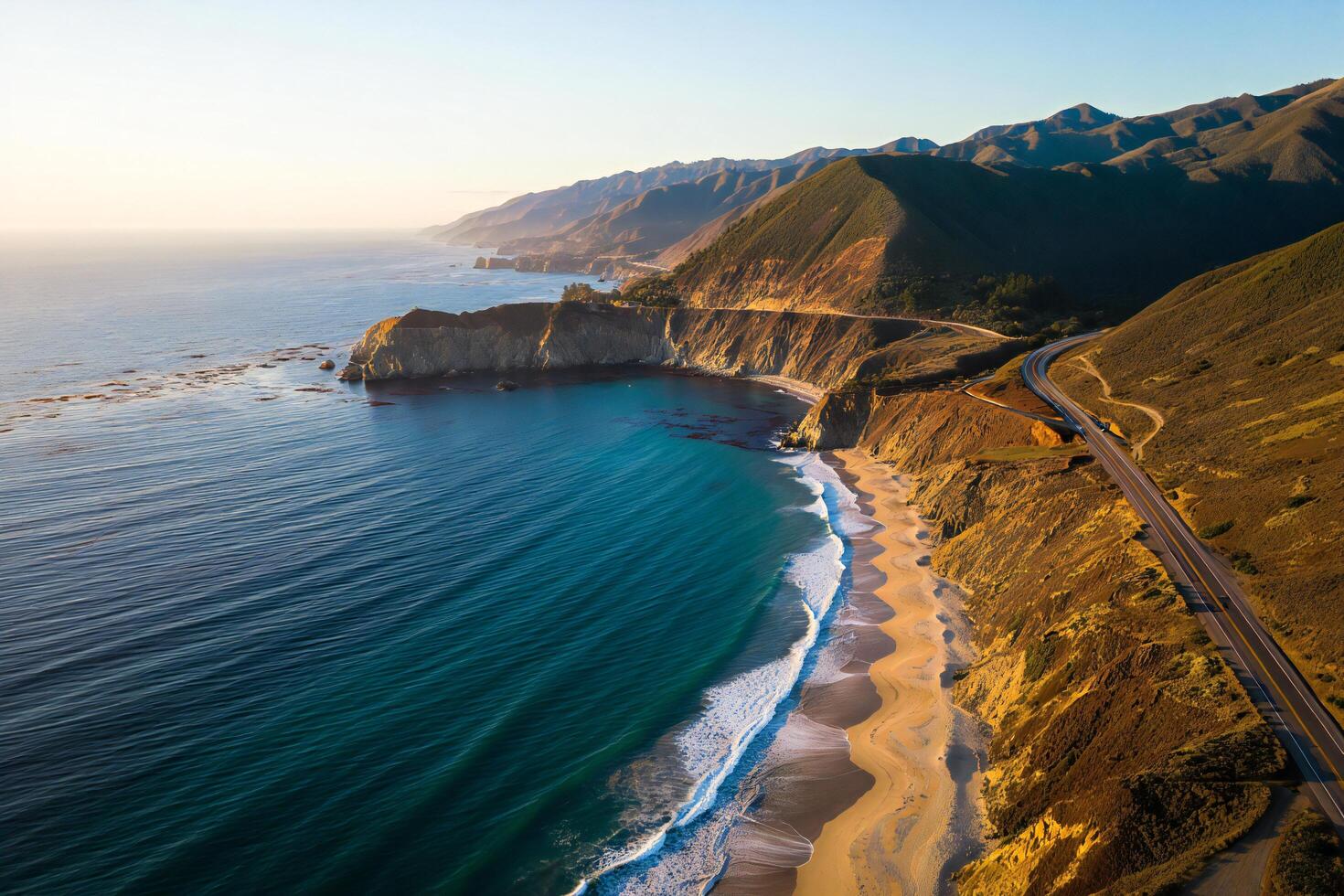 Nature Background Stunning Aerial View of Pacific Coast Highway Ocean and Sandy Beach at Sunset photo