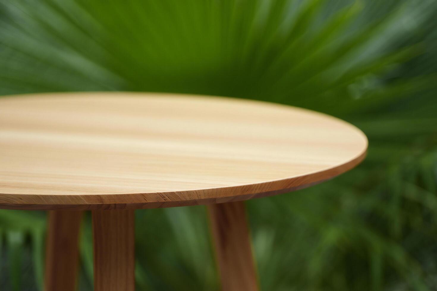 Nature Background Round Wooden Tabletop Light Wood Outdoor Setting Lush Green Foliage Background photo
