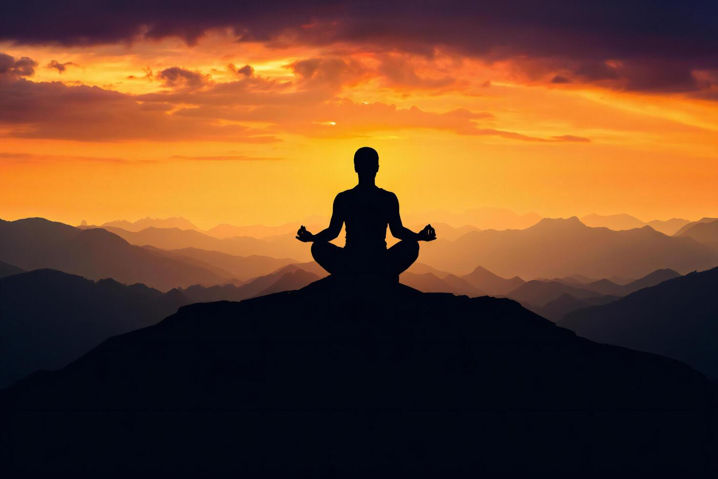 Nature Background Serene Silhouette Person Meditating at Sunset Over Majestic Mountain Ranges photo
