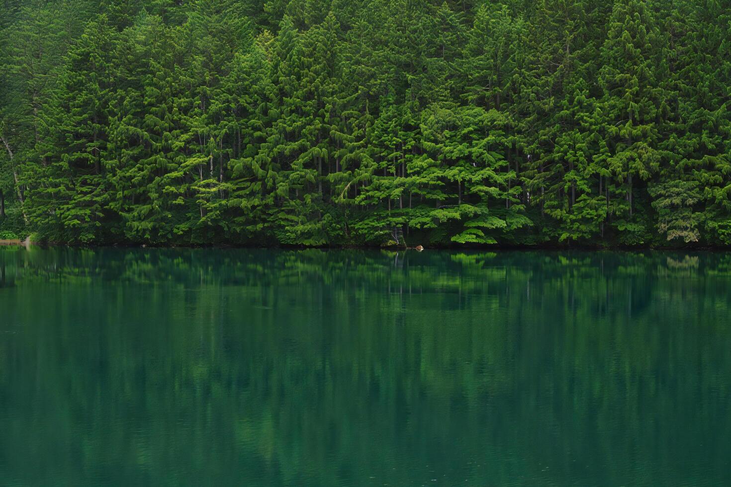 Nature Background Serene Green Lake Reflected in Lush Evergreen Forest Tranquil Nature Scene photo