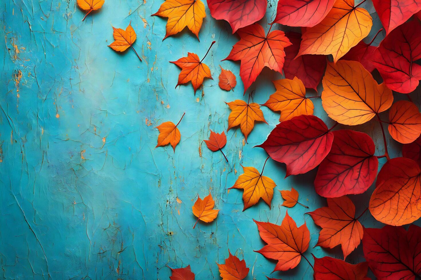 Nature Background Vibrant Autumn Leaves on Rustic Teal Background Fall Foliage Red and Orange Colors photo