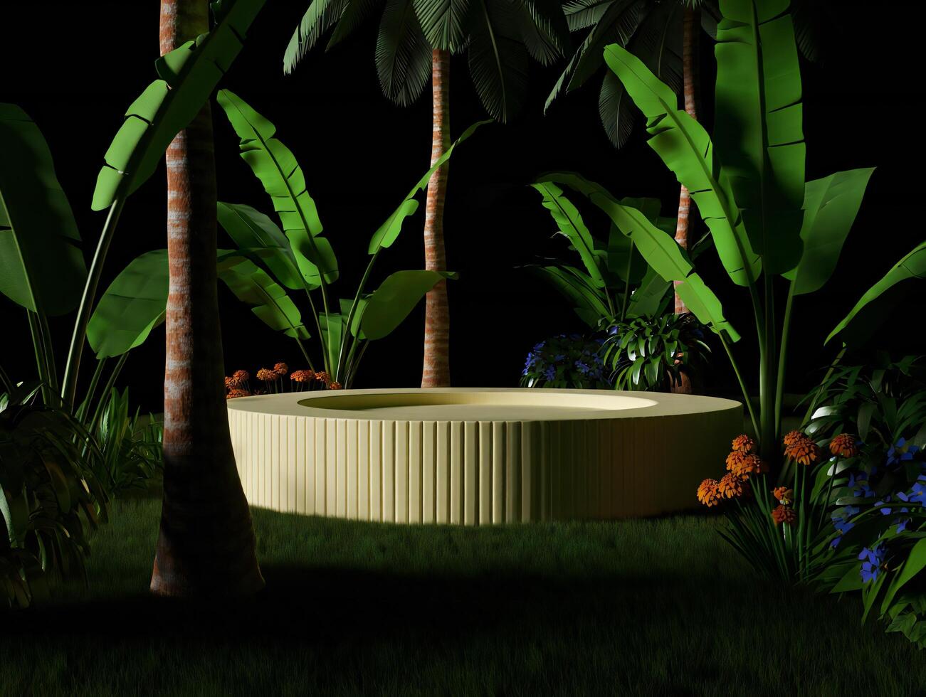Nature Background Lush Tropical Night Scene with Pale Yellow Circular Pedestal Ideal for Product Display photo