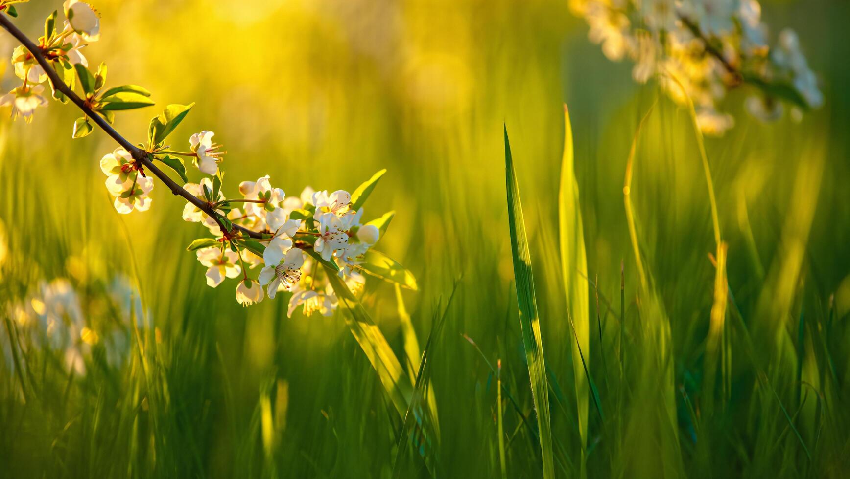 Nature Background Spring Blossoms White Flowers Branch Over Lush Green Grass in Golden Sunlight photo