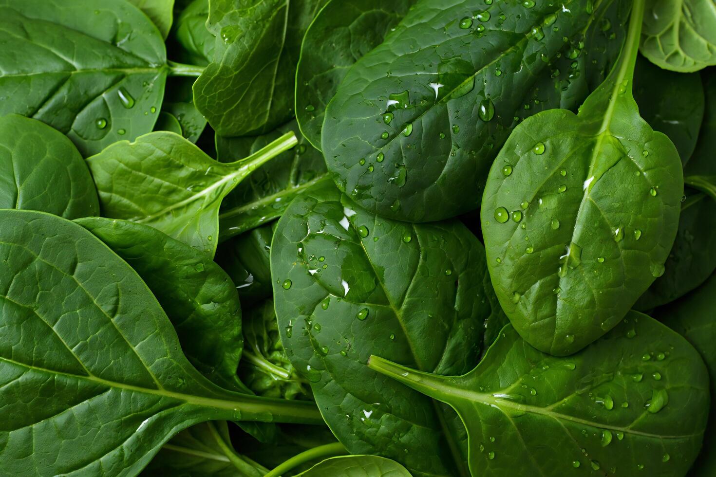 Nature Background Fresh Green Spinach Leaves with Water Droplets Healthy Food Background photo