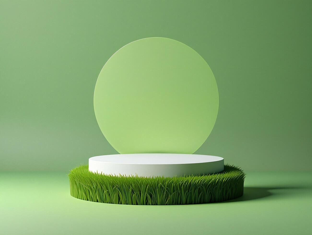 Nature Background Minimalist Green Background with White Circular Product Display Platform Surrounded by Grass photo