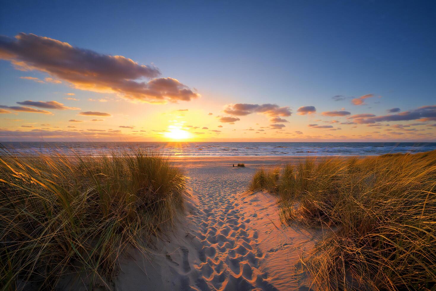 Nature Background Serene Sunset at the Beach Golden Hour Path Through Coastal Dunes photo
