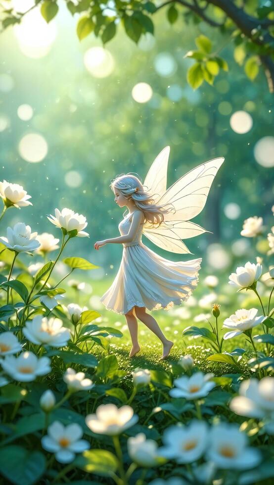 Nature Background Enchanting Fairy in White Dress Walking Through a Lush Spring Garden with White Flowers photo