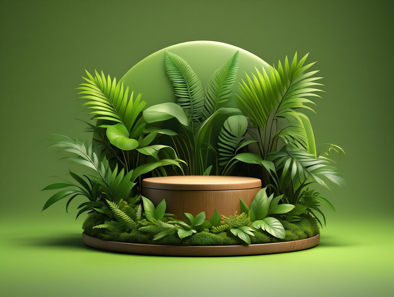 Nature Background Lush Green Tropical Foliage Display with Wooden Round Podium for Product Presentation photo