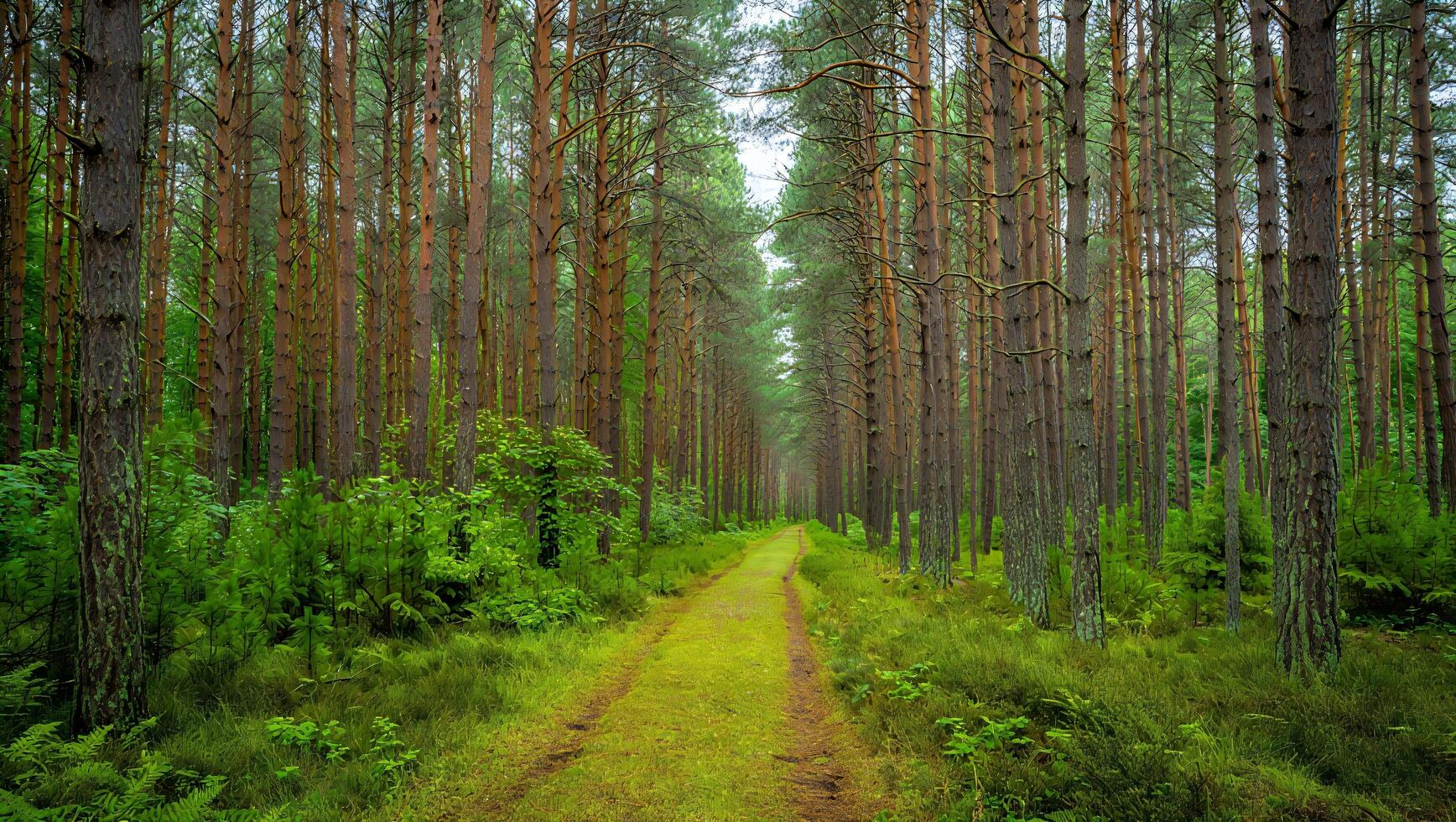Nature Background Serene Pathway Through Lush Green Pine Forest Tranquil Nature Scene Summer Day photo