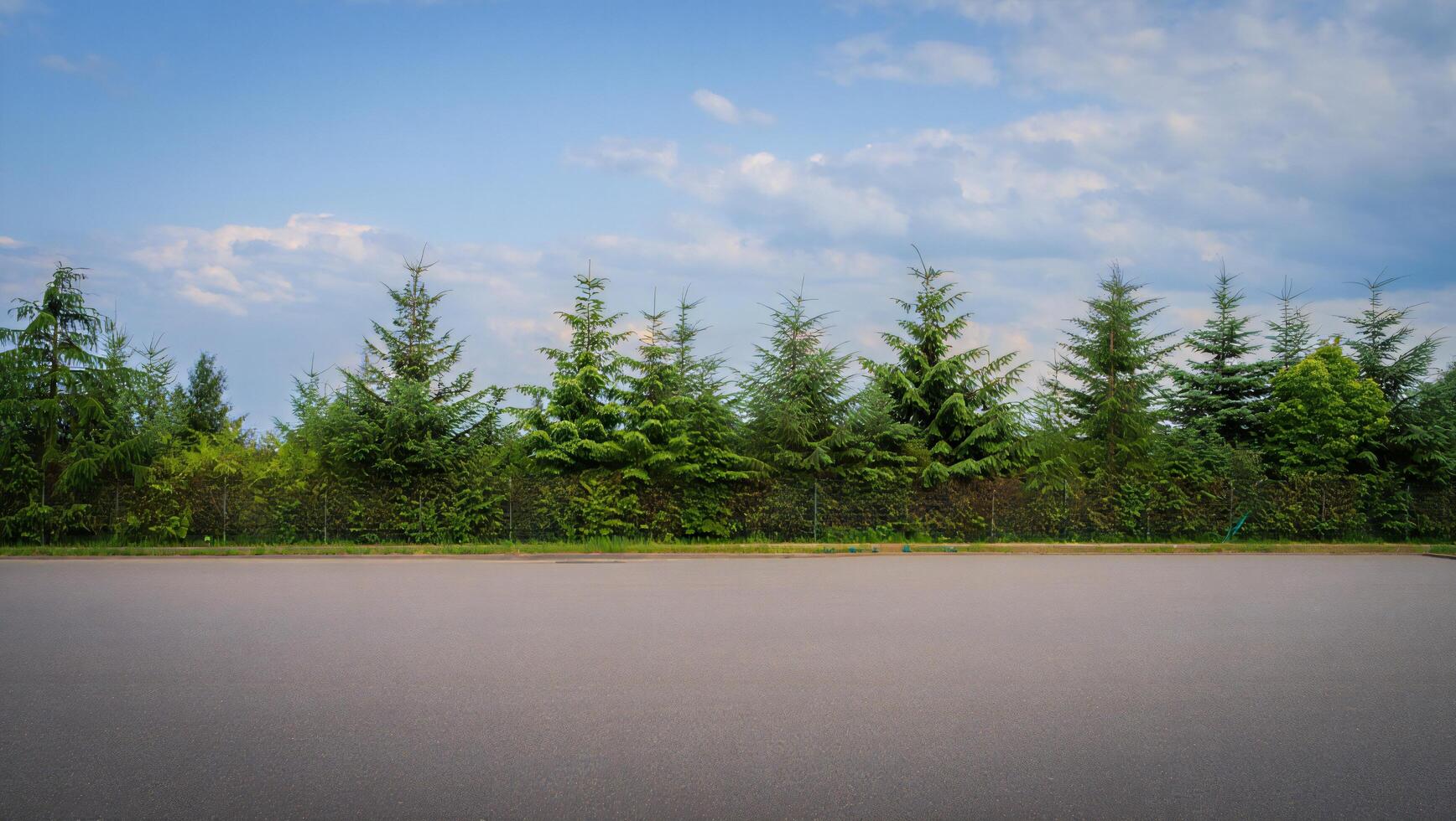 Nature Background Empty Asphalt Road with Lush Evergreen Trees and Fence under a Cloudy Sky photo
