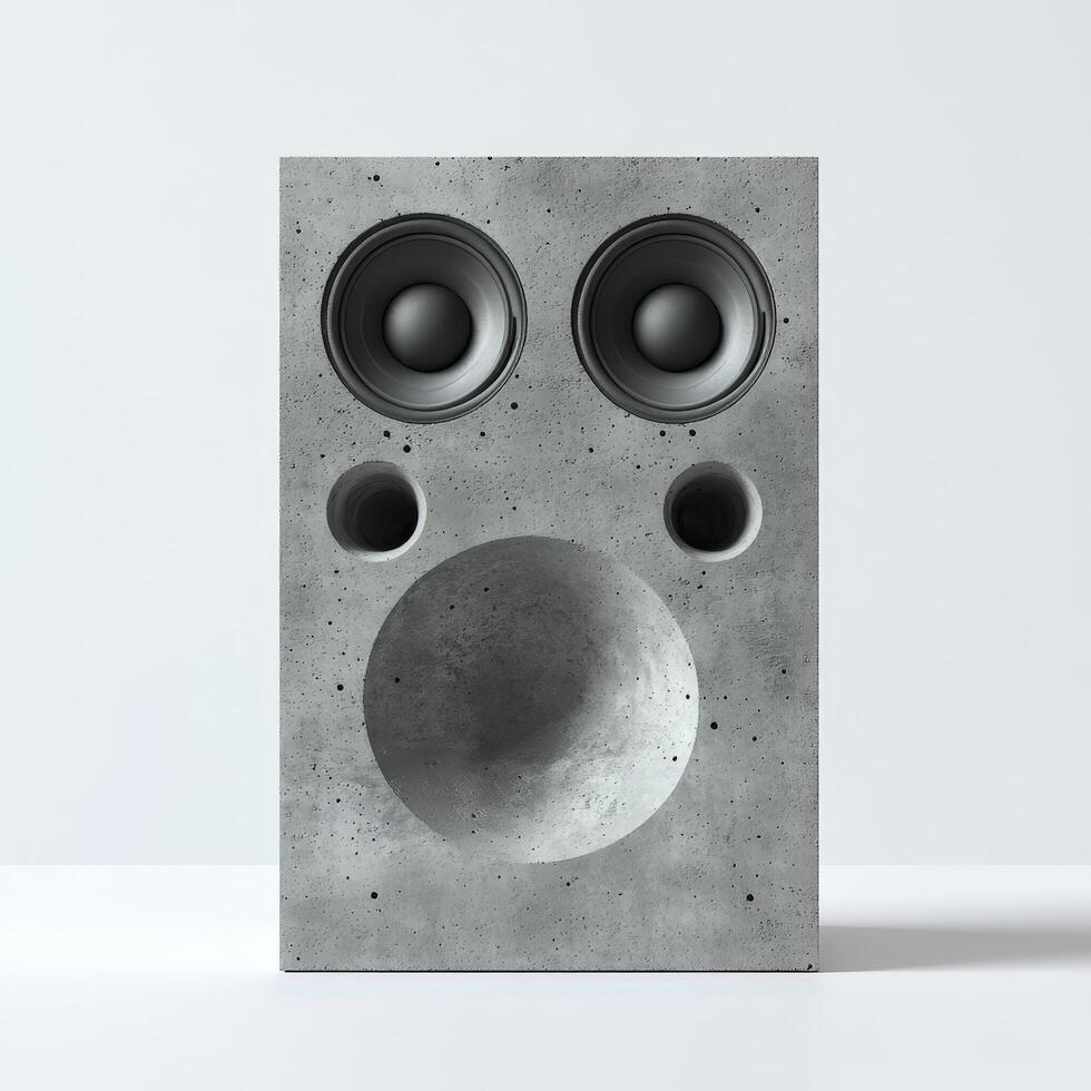 Concrete speaker with two speakers and two holes and a large round indentation front photo