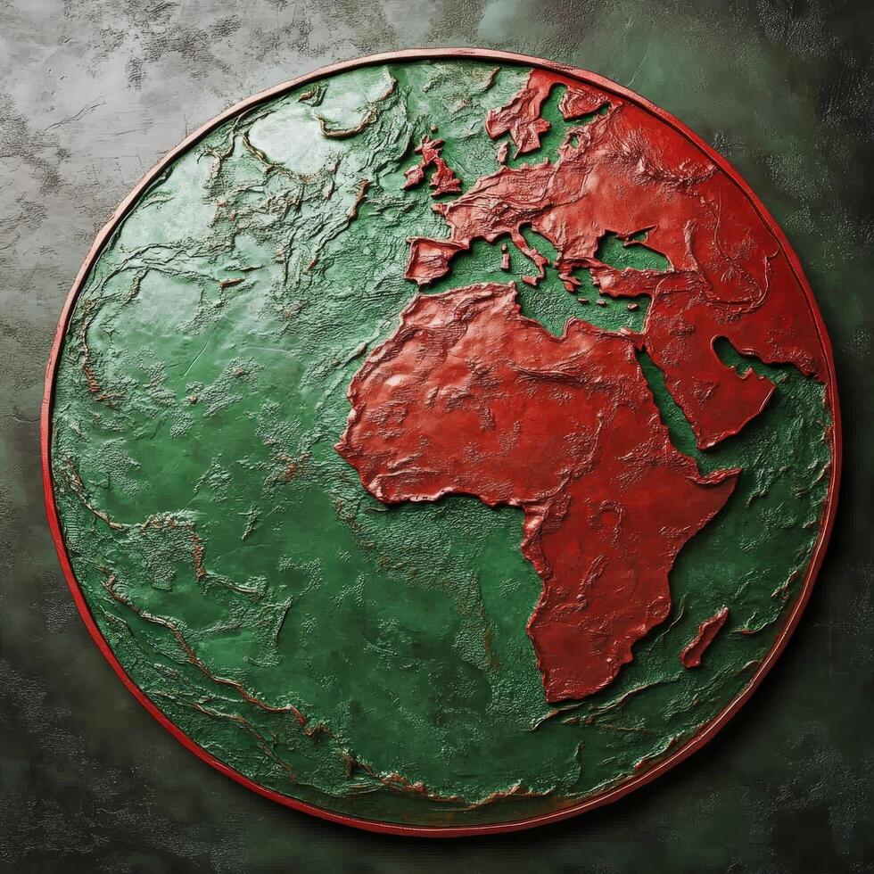 A textured globe featuring africa and europe in red against a green ocean background photo