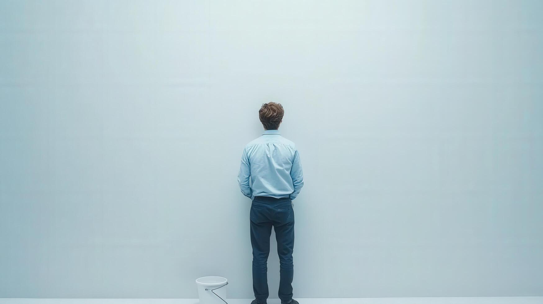 A man stands facing a large white wall with a bucket at the bottom left corner side view photo