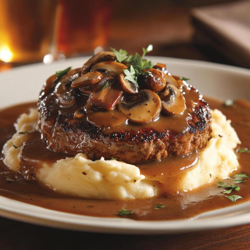 Close up shot of a salisbury steak with mashed potatoes and mushroom gravy on a plate photo