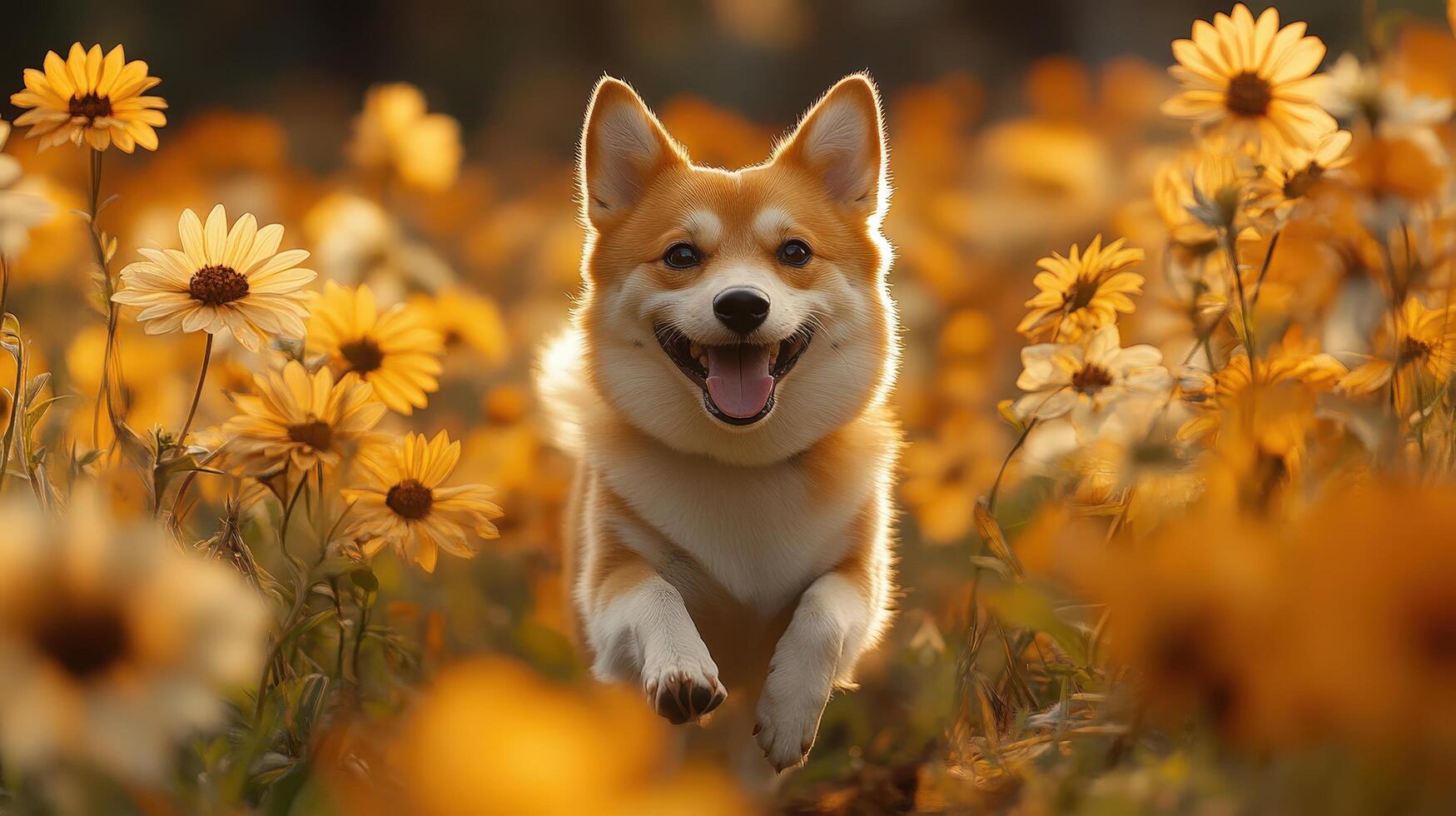 A corgi running through a field of yellow flowers with a happy expression photo