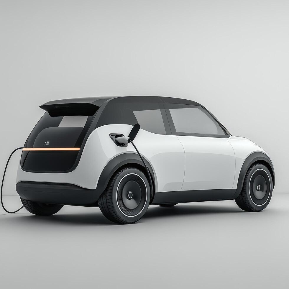 Rear view of white and black electric car charging against a plain grey background space photo