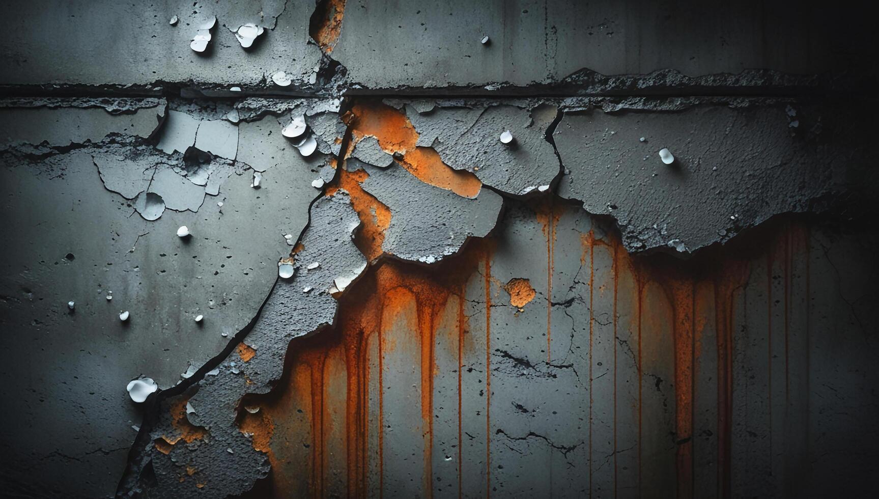 Close-up of peeling gray paint revealing orange rust streaks on corroded metal photo