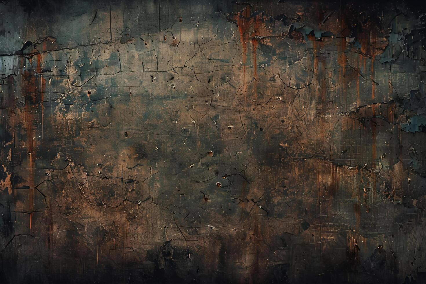 Grungy metal surface with oxidized copper patina and peeling paint in moody lighting photo