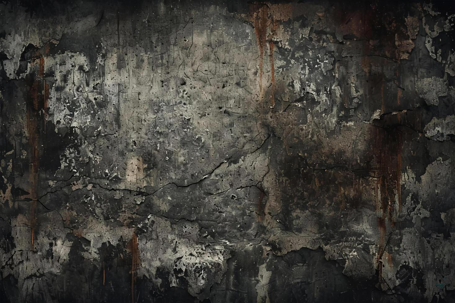 High-contrast photograph of dark distressed concrete wall with weathered, corroded surface photo