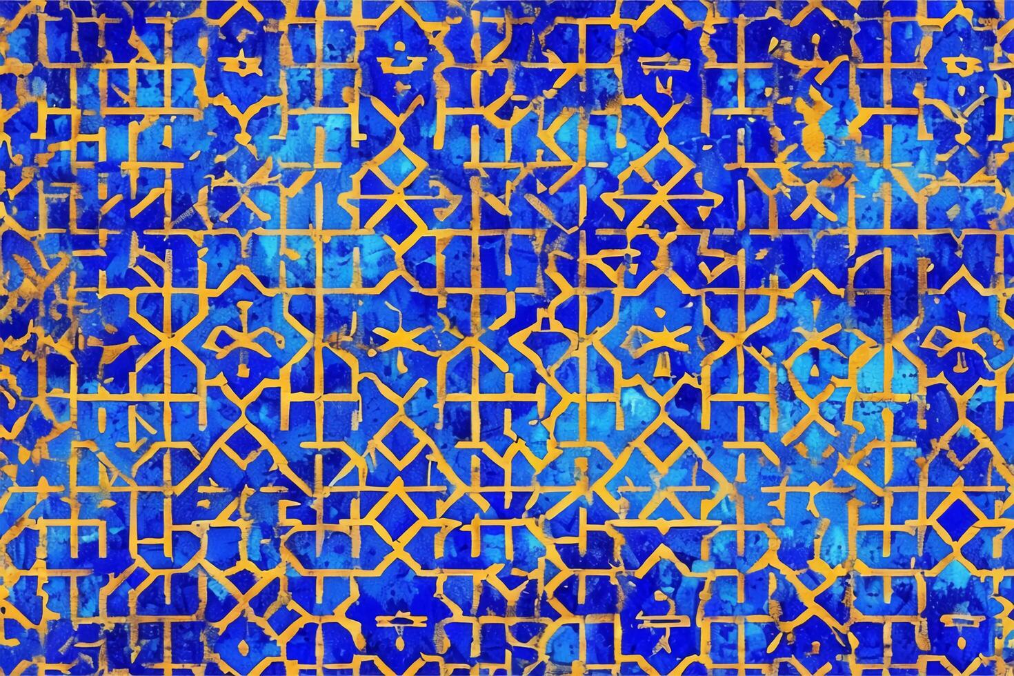 Detailed view of intricate blue and gold mosaic tile pattern inspired by Islamic geometric art photo