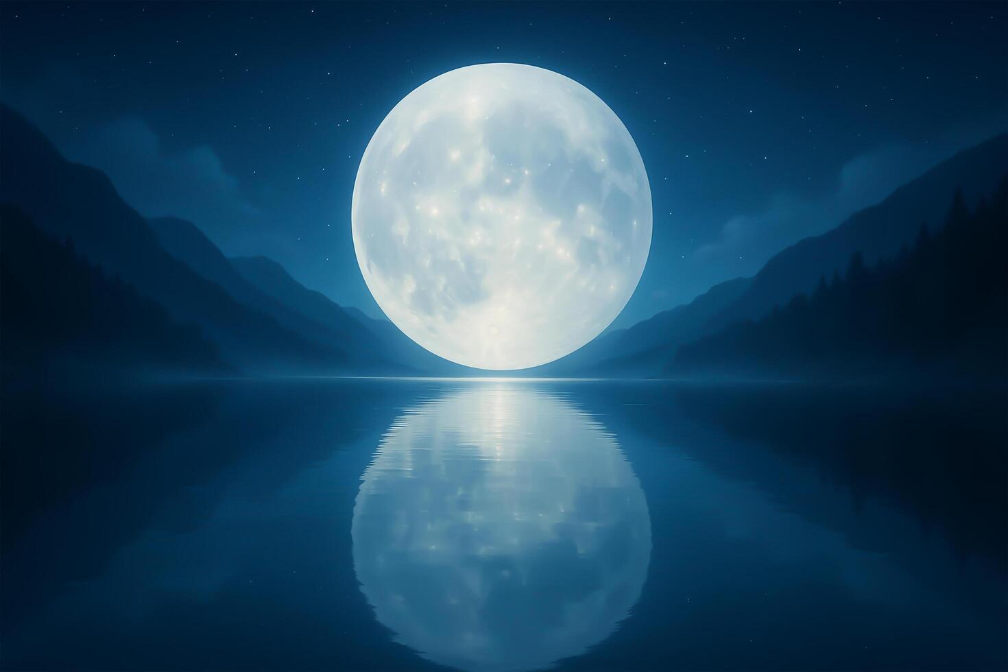 Full moon reflecting perfectly on a silent mountain lake at midnight photo