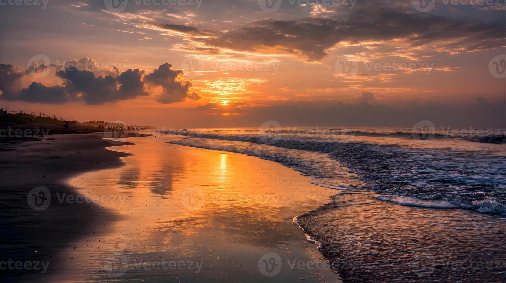 Breathtaking view of the orange sunset in the sky reflecting on the wet sand of the beach photo