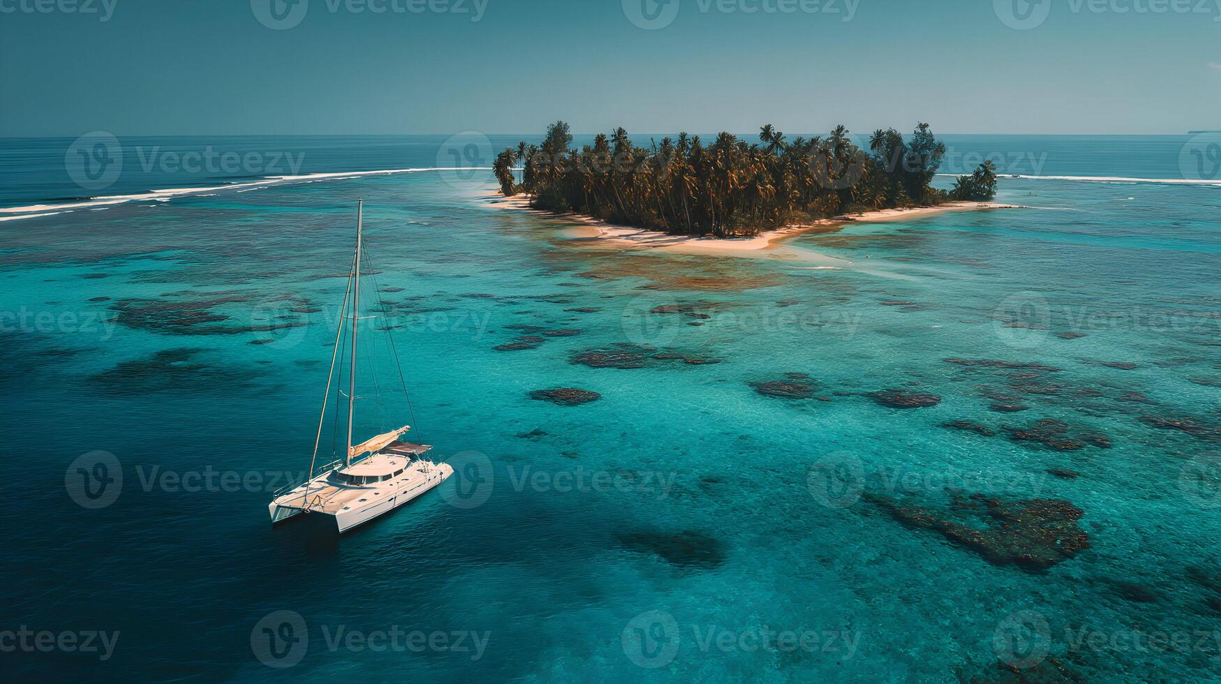 Sailboat anchored near a tropical island paradise with turquoise water perfect for vacation getaways photo