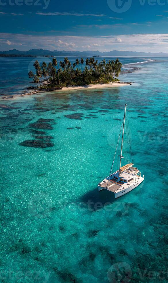 Idyllic tropical getaway small island paradise with turquoise waters and a sleek sailboat vacation photo