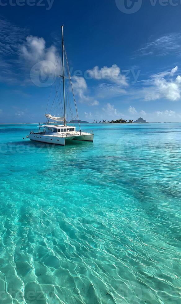 Catamaran gliding through crystal turquoise waters paradise under a pristine blue sky and scattered clouds photo
