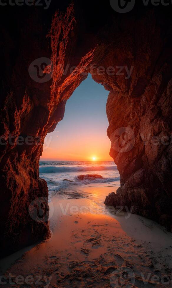 Spectacular sunset glows through natural archway on a serene beach evoking feelings of wonder and awe in nature photo
