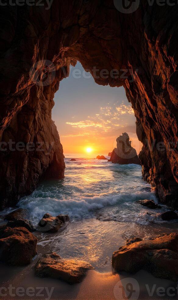 Dramatic sunset light filtering through a cave entrance illuminating the ocean and rocky coast photo