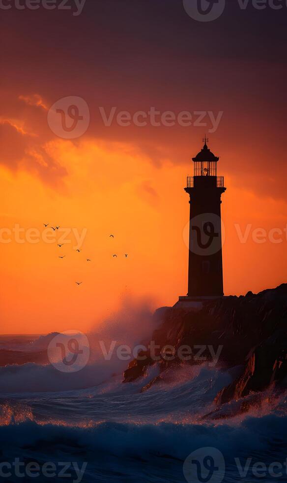 Dramatic lighthouse silhouette at sunset with crashing waves and fiery skies perfect for coastal scenes photo