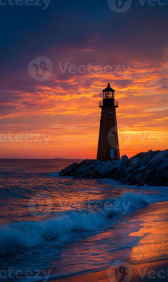 Majestic lighthouse stands tall against a vibrant sunset painting the sky and sea with warm hues photo