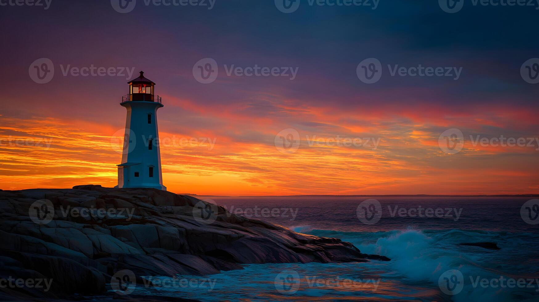 Peggy's Cove lighthouse stands tall against a beautiful sunset at the edge of the ocean photo