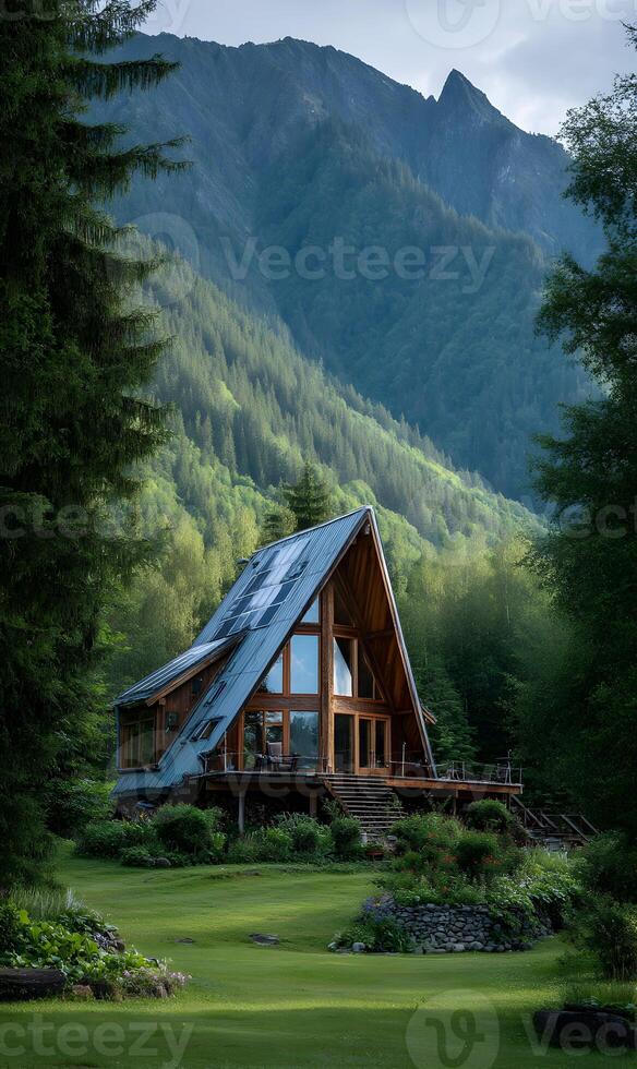 Cabin retreat nestled amid towering trees with mountainous backdrop evoking feelings of serenity and escape photo