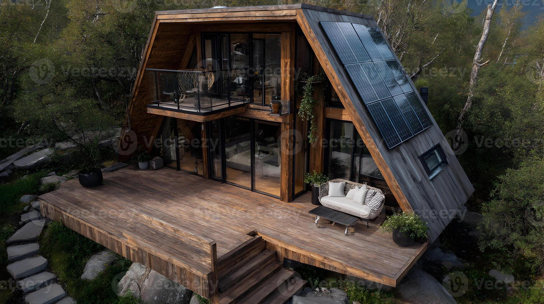 Modern A frame cabin with solar panels nestled in a lush green forest showcasing sustainable living photo