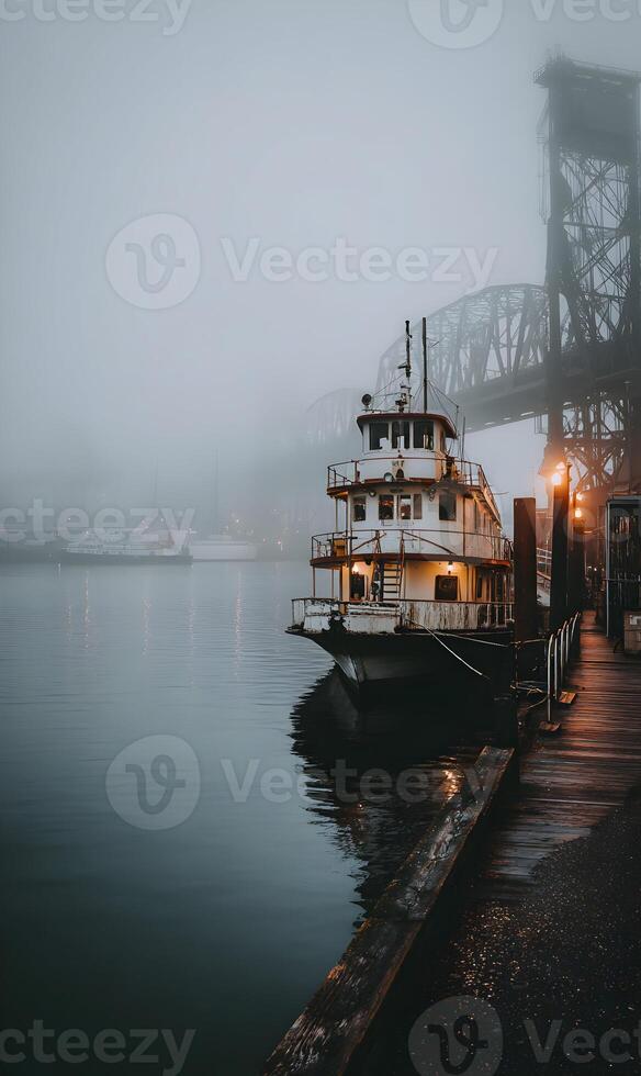 Riverboat and bridge shrouded in fog offers peaceful ambiance and timeless beauty on the waterway photo