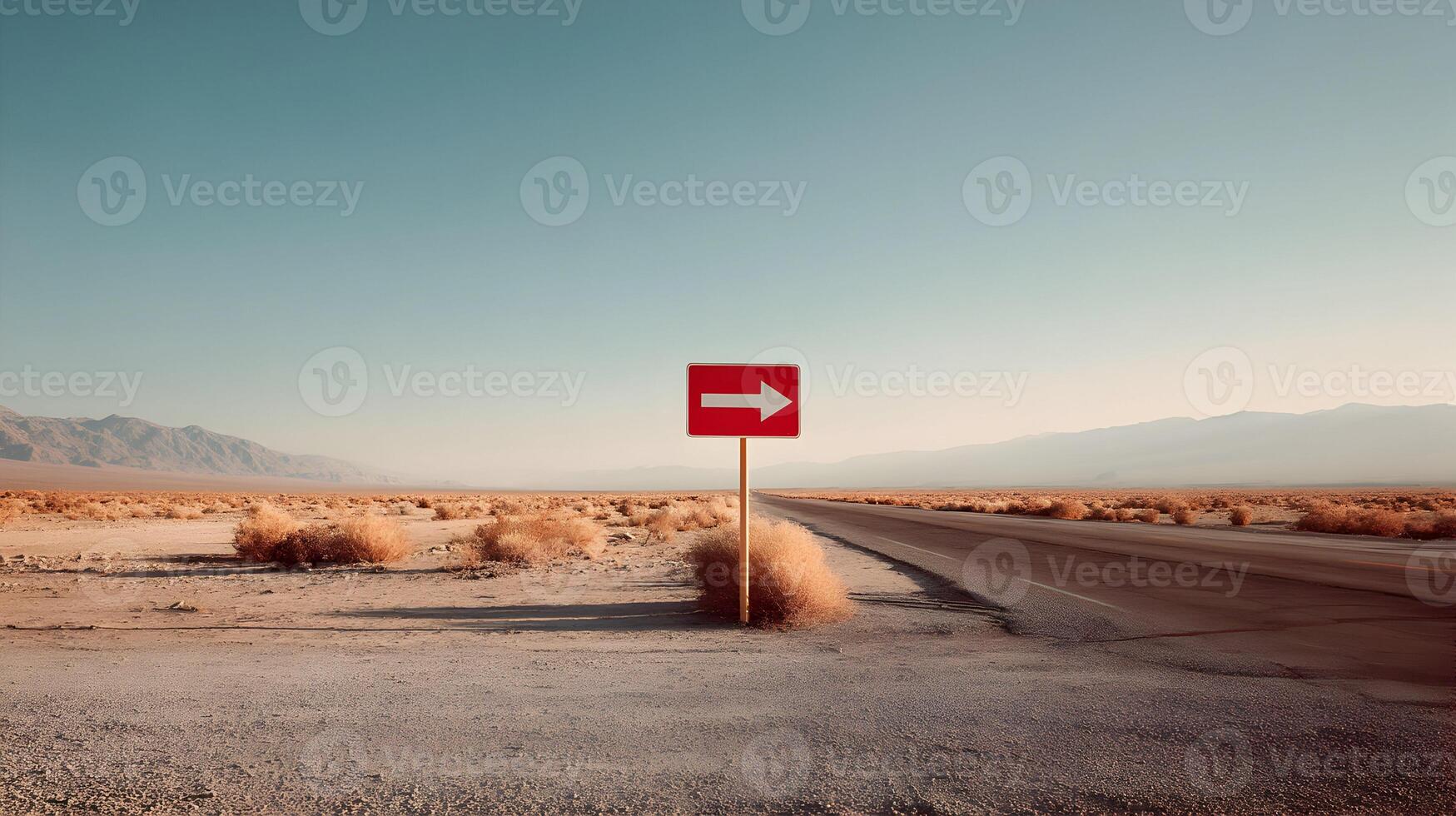 A vibrant red directional sign stands in the desolate desert landscape guiding wanderers onward photo
