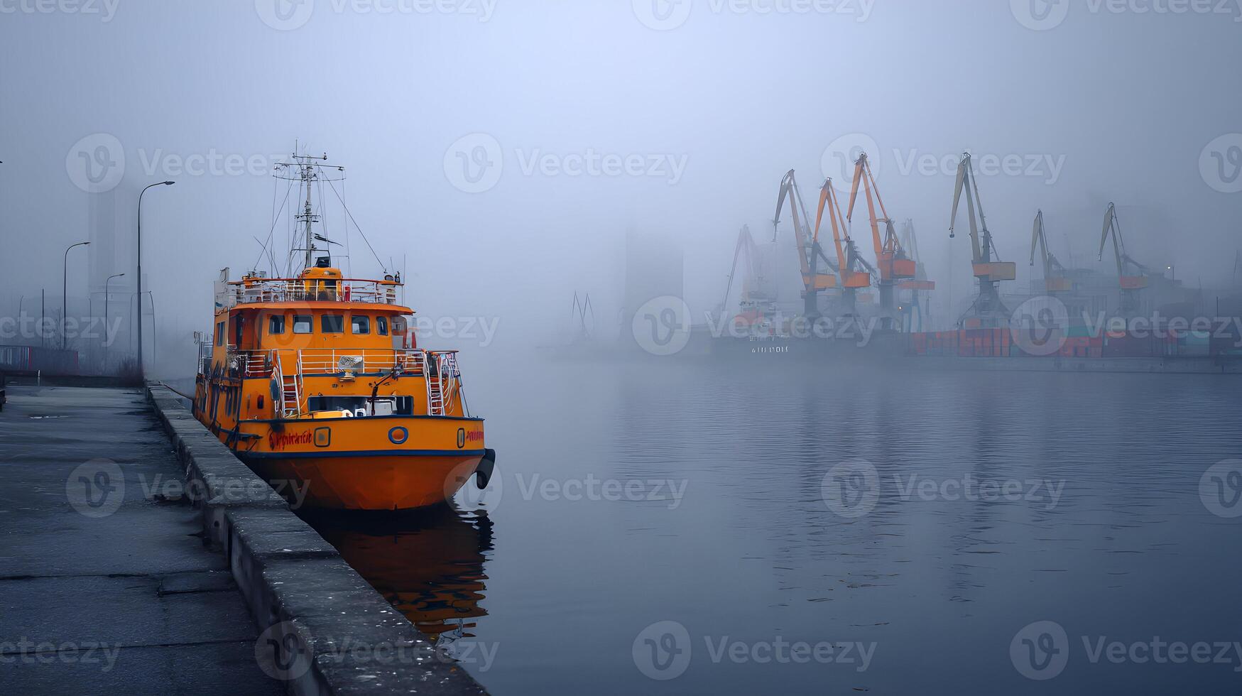 An orange pilot boat sits docked at a misty harbor with cranes looming in the distance photo