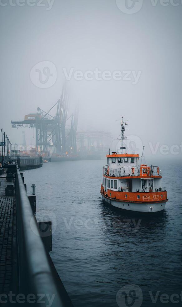 Mystical harbor scene with a vibrant orange boat disappearing into the ethereal fog laden cityscape photo