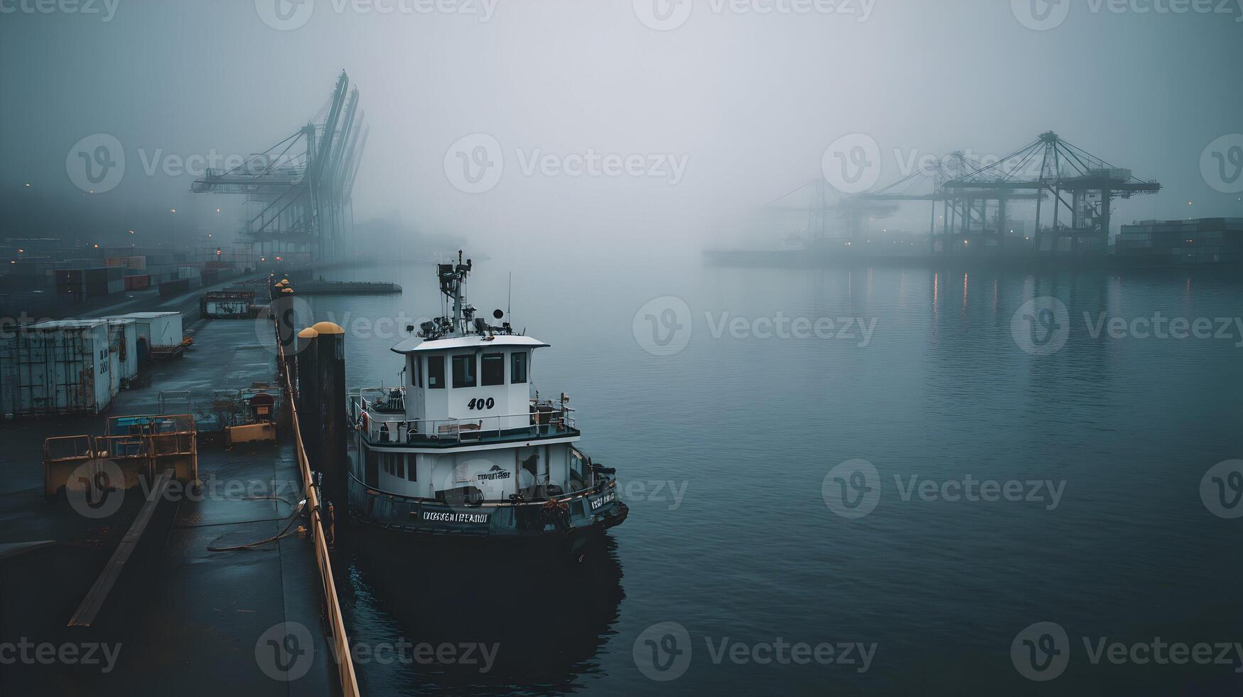 A Foggy Harbor Scene Featuring a Tugboat Docks Amidst Industrial Cranes and Murky Waters photo