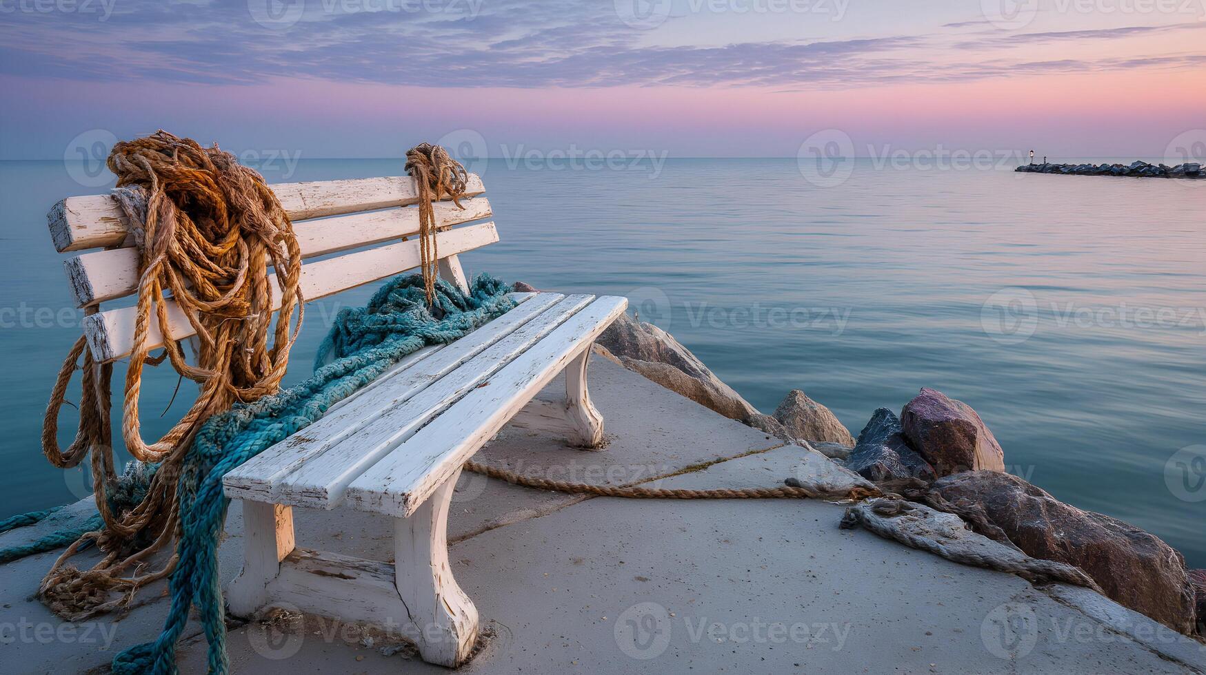 Seaside serenity an old white bench adorned with fishing nets rests by the tranquil ocean waters photo