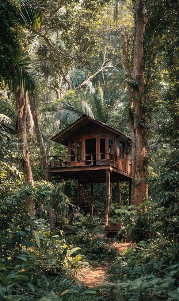 Secluded treehouse retreat nestled within a lush tropical forest, offering serenity and escape amidst nature photo