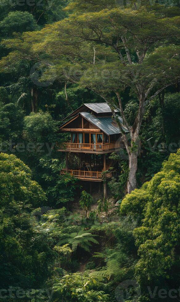 Secluded treehouse nestled amidst lush greenery offering a tranquil escape into nature's embrace photo