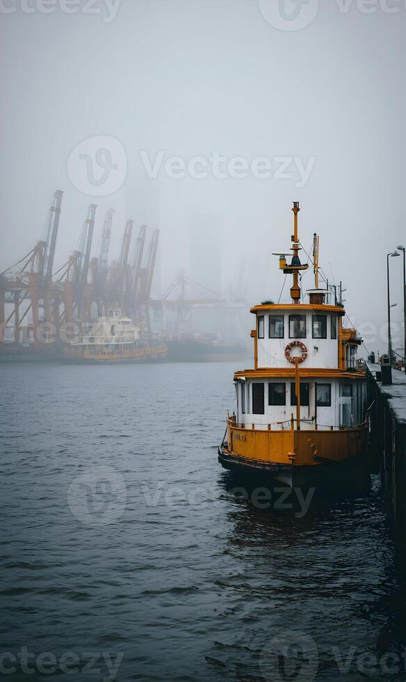 Foggy harbor scene featuring a vintage passenger ferry boat docked with cranes in the distance photo
