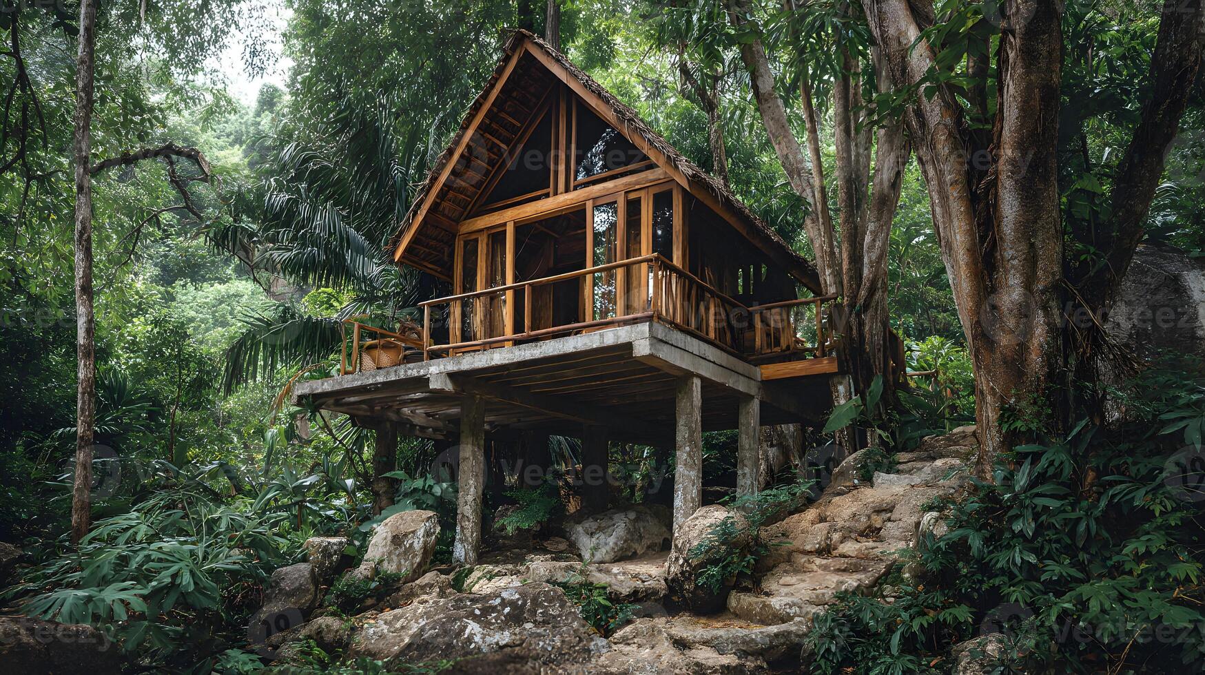 Secluded tropical treehouse nestled amidst lush jungle foliage offering a serene getaway in nature photo