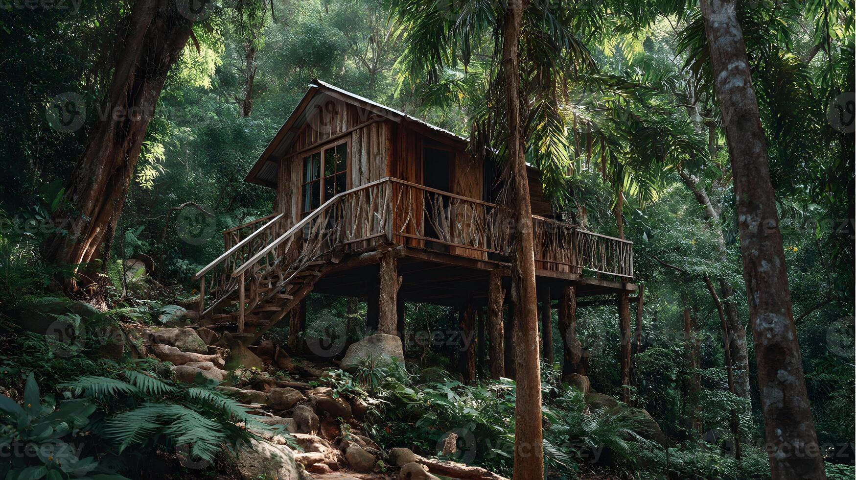 Wooden treehouse nestled amongst lush greenery offering an idyllic nature escape destination photo