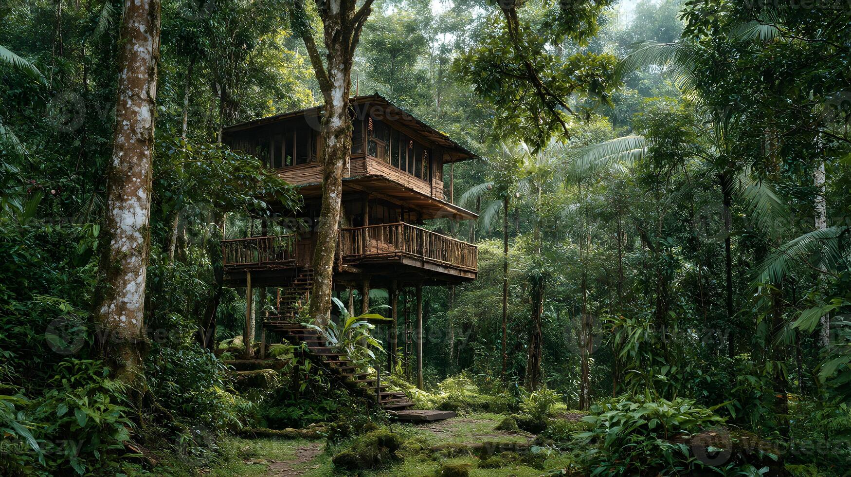 A rustic wooden treehouse nestled amidst lush tropical forest offering a peaceful getaway photo