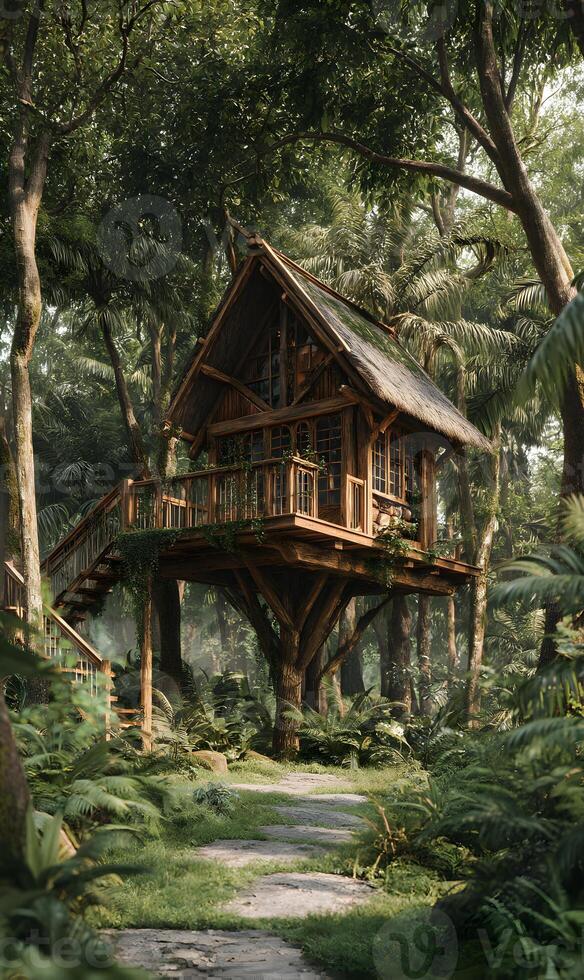 Enchanting treehouse retreat nestled amidst lush greenery invites exploration and relaxation in a serene woodland setting photo